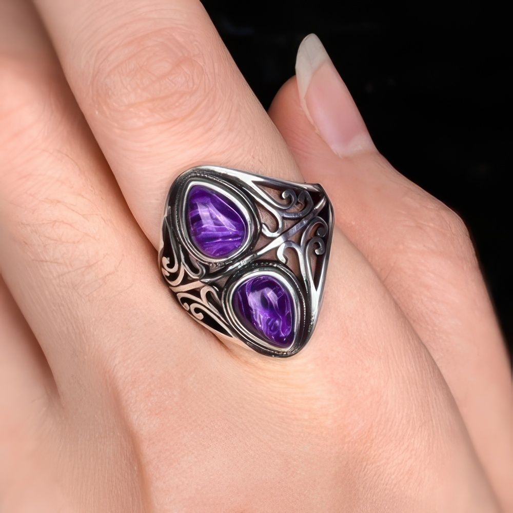 Vintage Bohemian Ring with Purple Gemstones and Nature Inspired Design