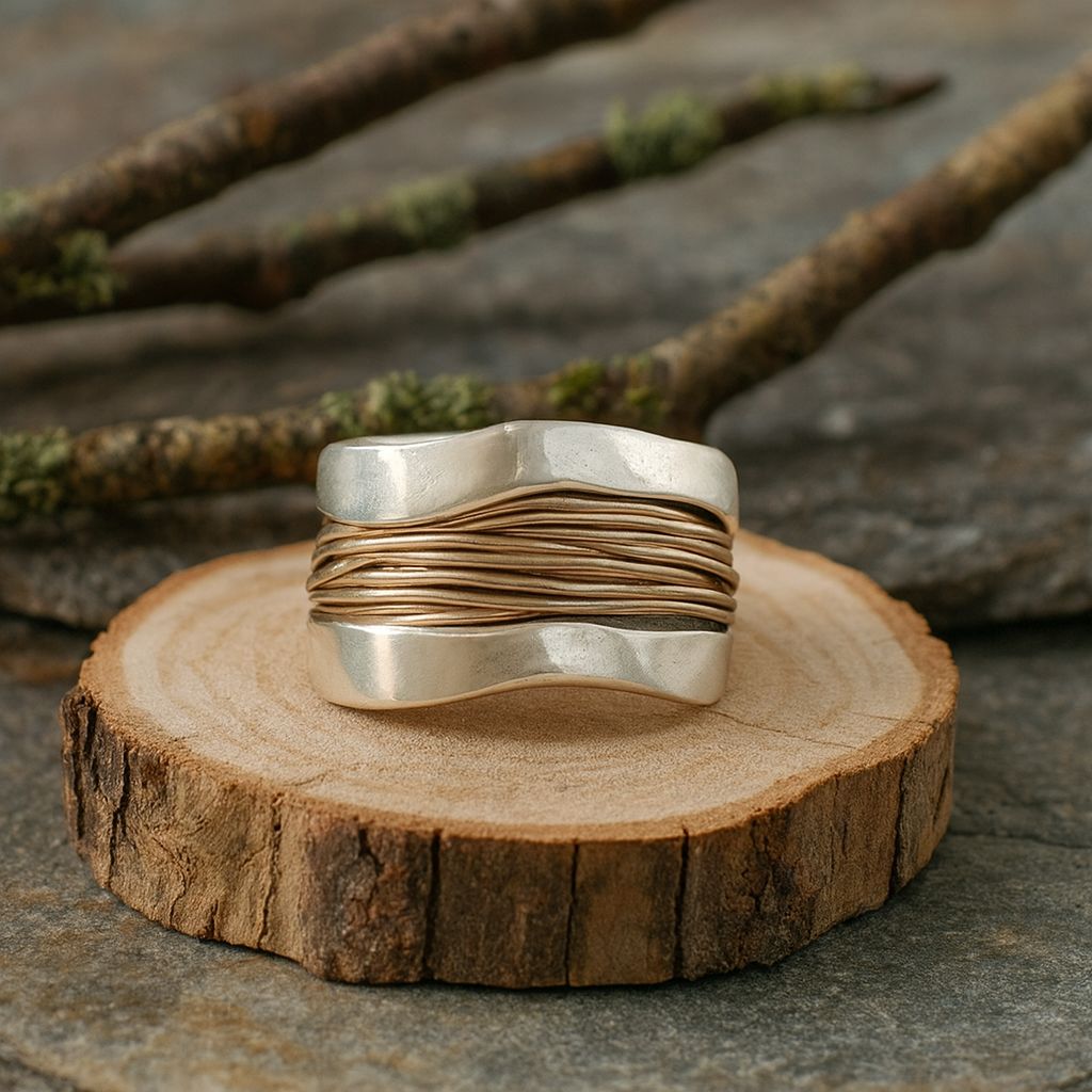 Wave Edge Ring with Layered Golden Wire Center Design