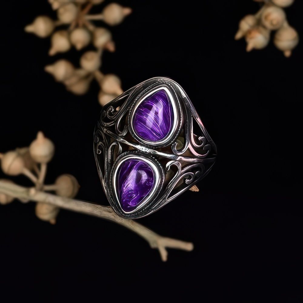 Vintage Bohemian Ring with Purple Gemstones and Nature Inspired Design