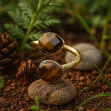 Adjustable Double Tiger’s Eye Ring with Golden Boho Style
