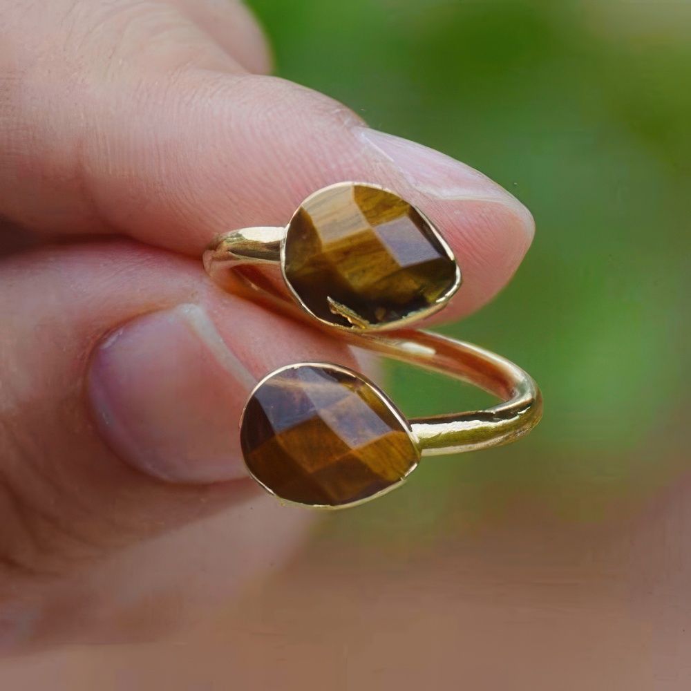 Adjustable Double Tiger’s Eye Ring with Golden Boho Style