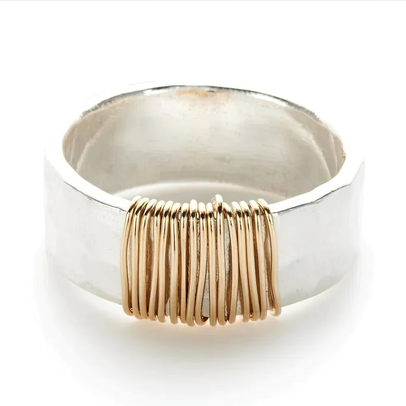 Wide Hammered Ring with Wrapped Golden Wire Detail