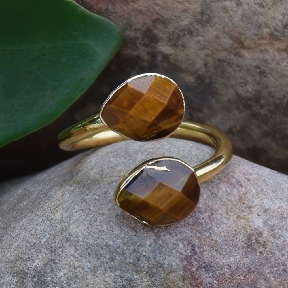 Adjustable Double Tiger’s Eye Ring with Golden Boho Style