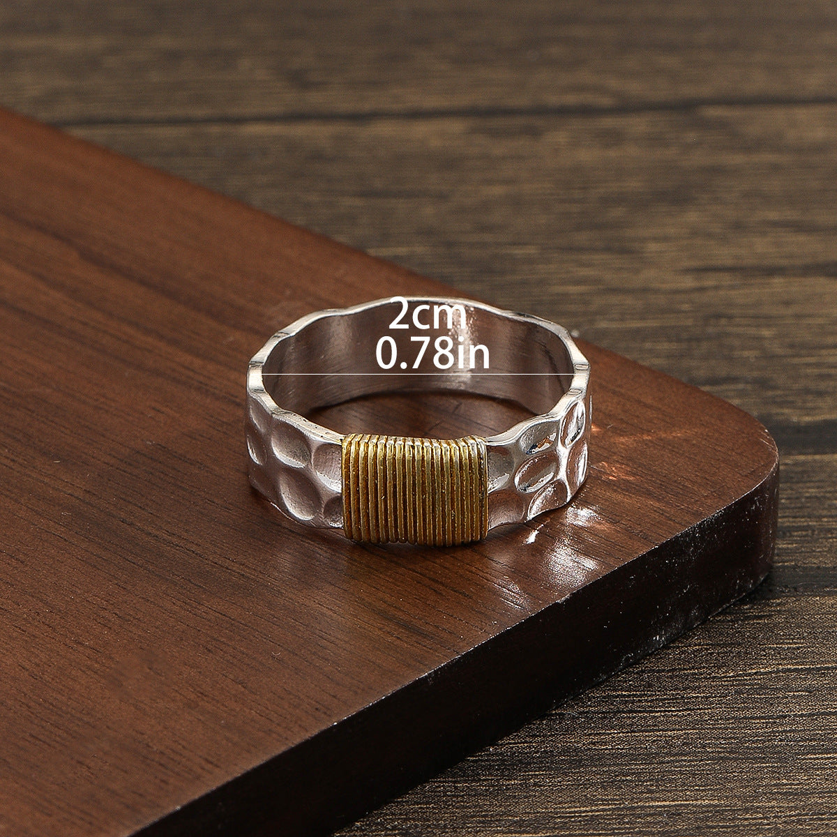 Wide Hammered Ring with Wrapped Golden Wire Detail