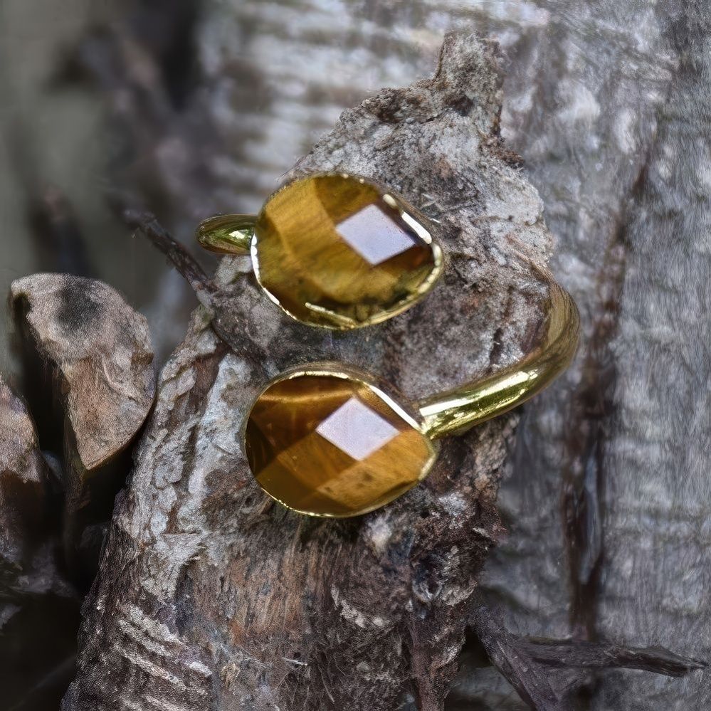 Adjustable Double Tiger’s Eye Ring with Golden Boho Style