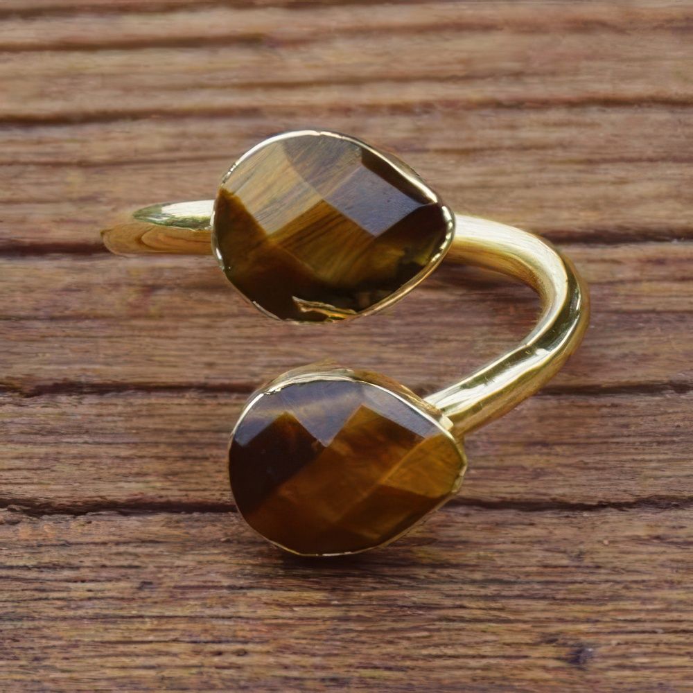 Adjustable Double Tiger’s Eye Ring with Golden Boho Style
