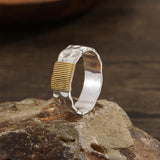 Wide Hammered Ring with Wrapped Golden Wire Detail