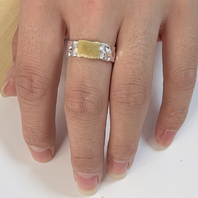 Wide Hammered Ring with Wrapped Golden Wire Detail