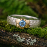 Blue Topaz Flower Ring with Hammered Band Design