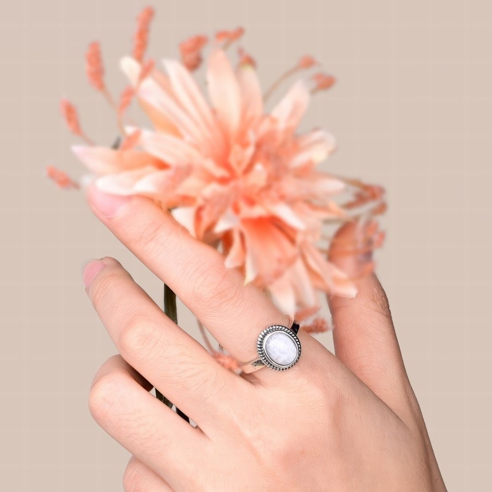 Bohemian Oval Moonstone Ring with Vintage Nature Inspired Design