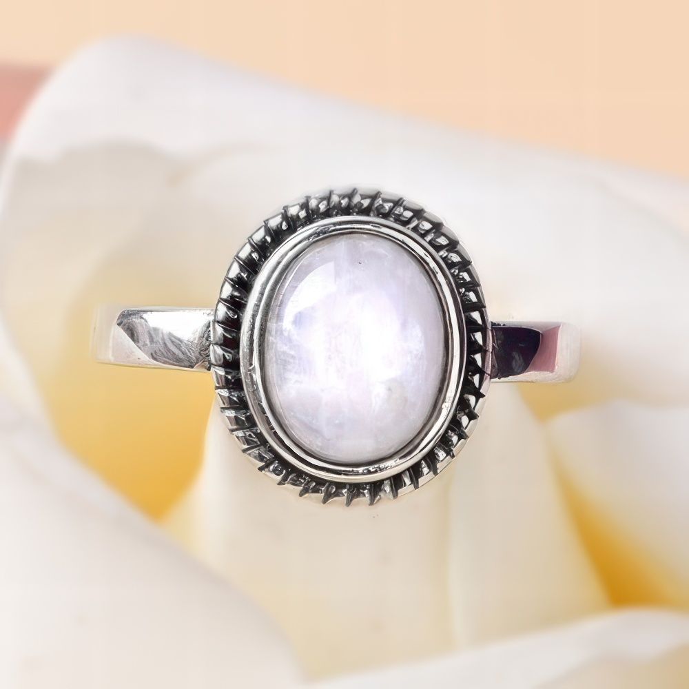 Bohemian Oval Moonstone Ring with Vintage Nature Inspired Design