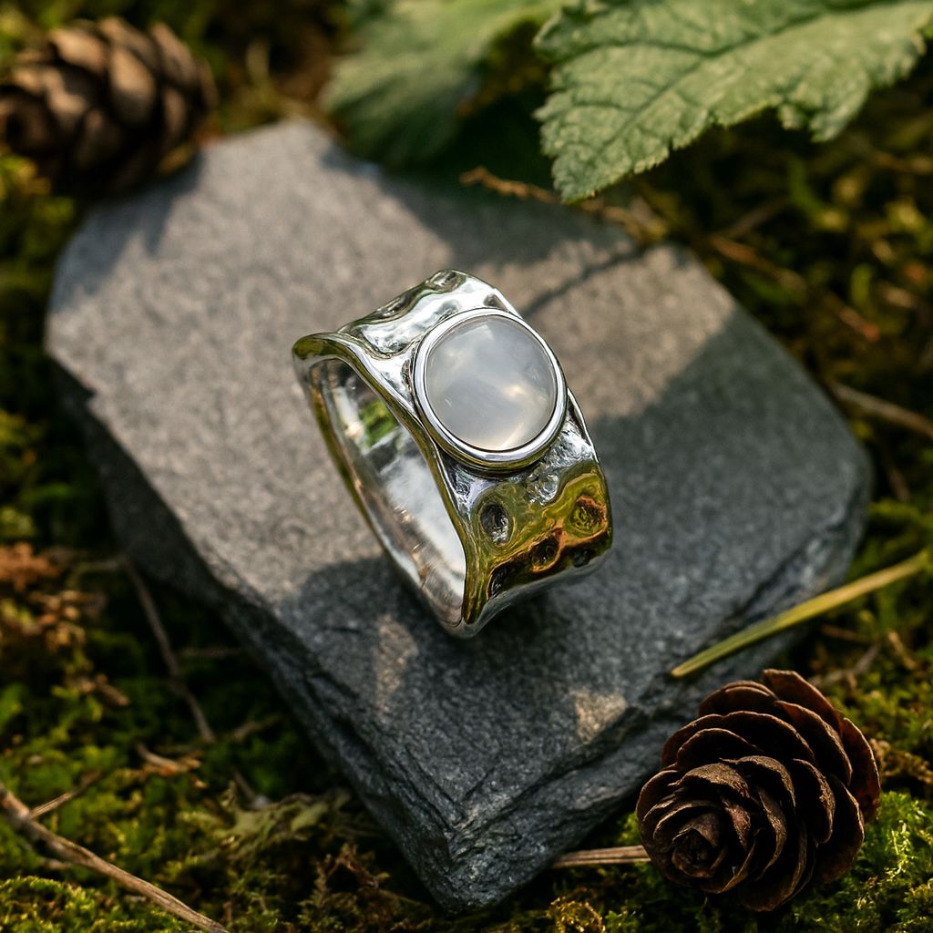 Organic Textured Ring with White Gem and Sculpted Band