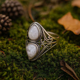 Mystic Double Teardrop Moonstone Ring with Nature Design
