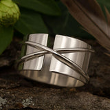Modern Wide Band Ring with Overlapping Minimalist Crossover Design