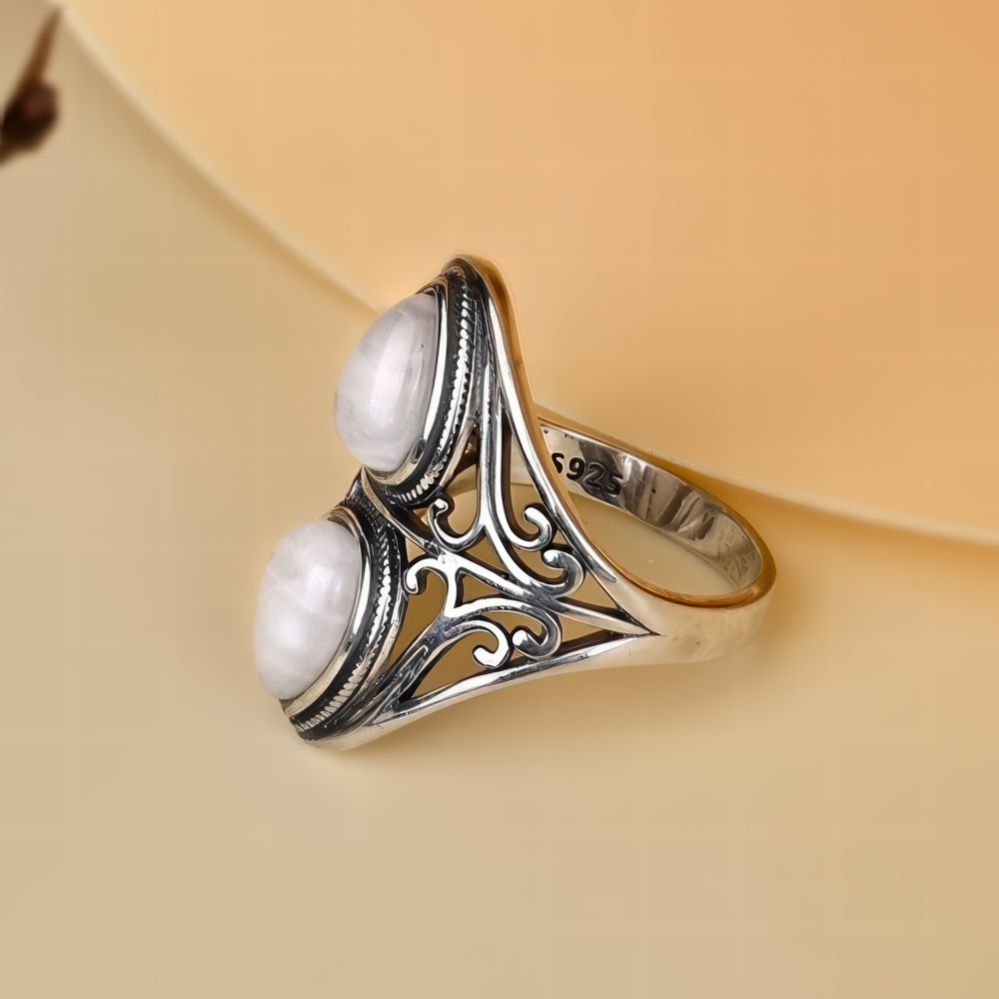Mystic Double Teardrop Moonstone Ring with Nature Design