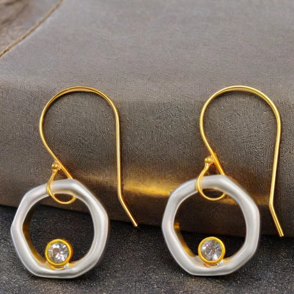 Gold and Pearl Circle Earrings with Crystal Center Accent