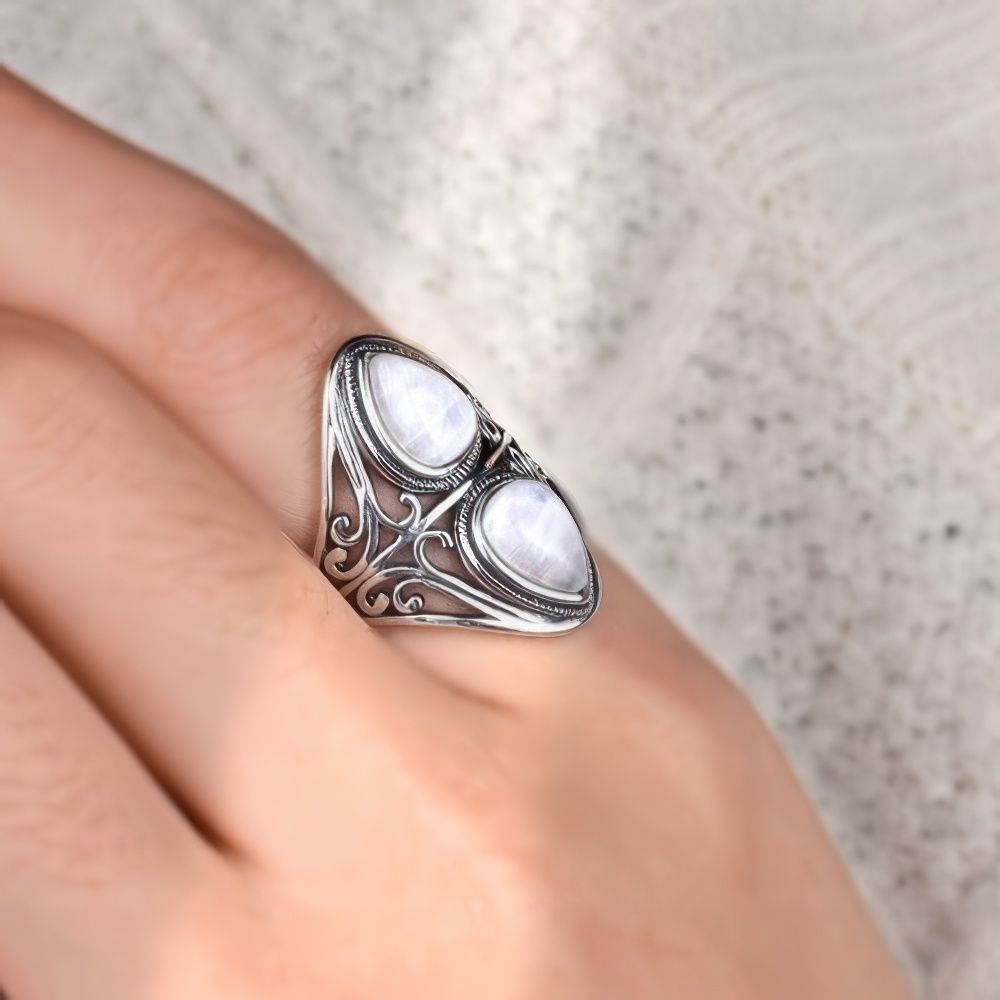Mystic Double Teardrop Moonstone Ring with Nature Design