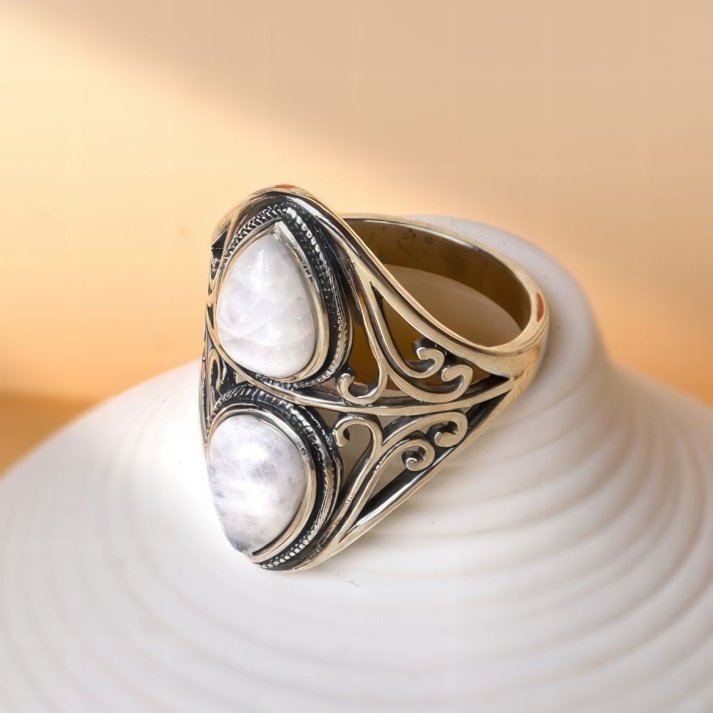 Mystic Double Teardrop Moonstone Ring with Nature Design