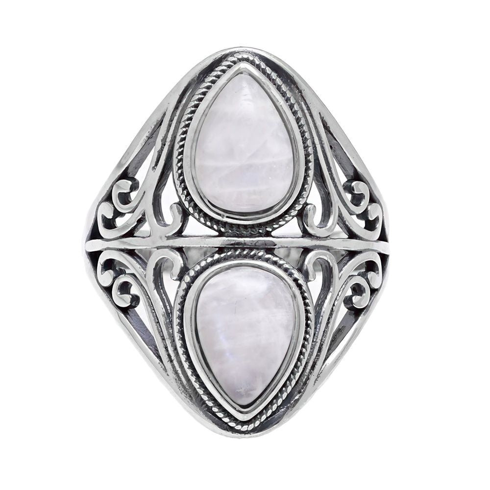 Mystic Double Teardrop Moonstone Ring with Nature Design