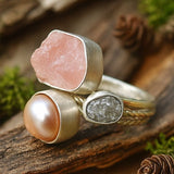 Raw Rose Quartz Pearl Druzy Ring in Silver Setting