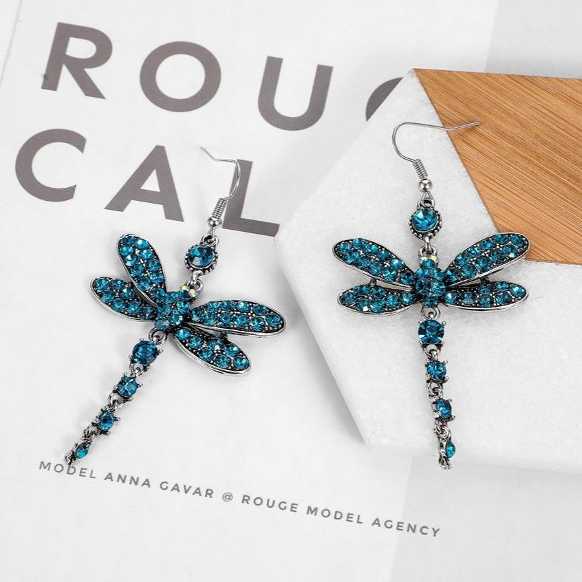 Bohemian Blue Crystal Dragonfly Earrings with Nature Inspired Design