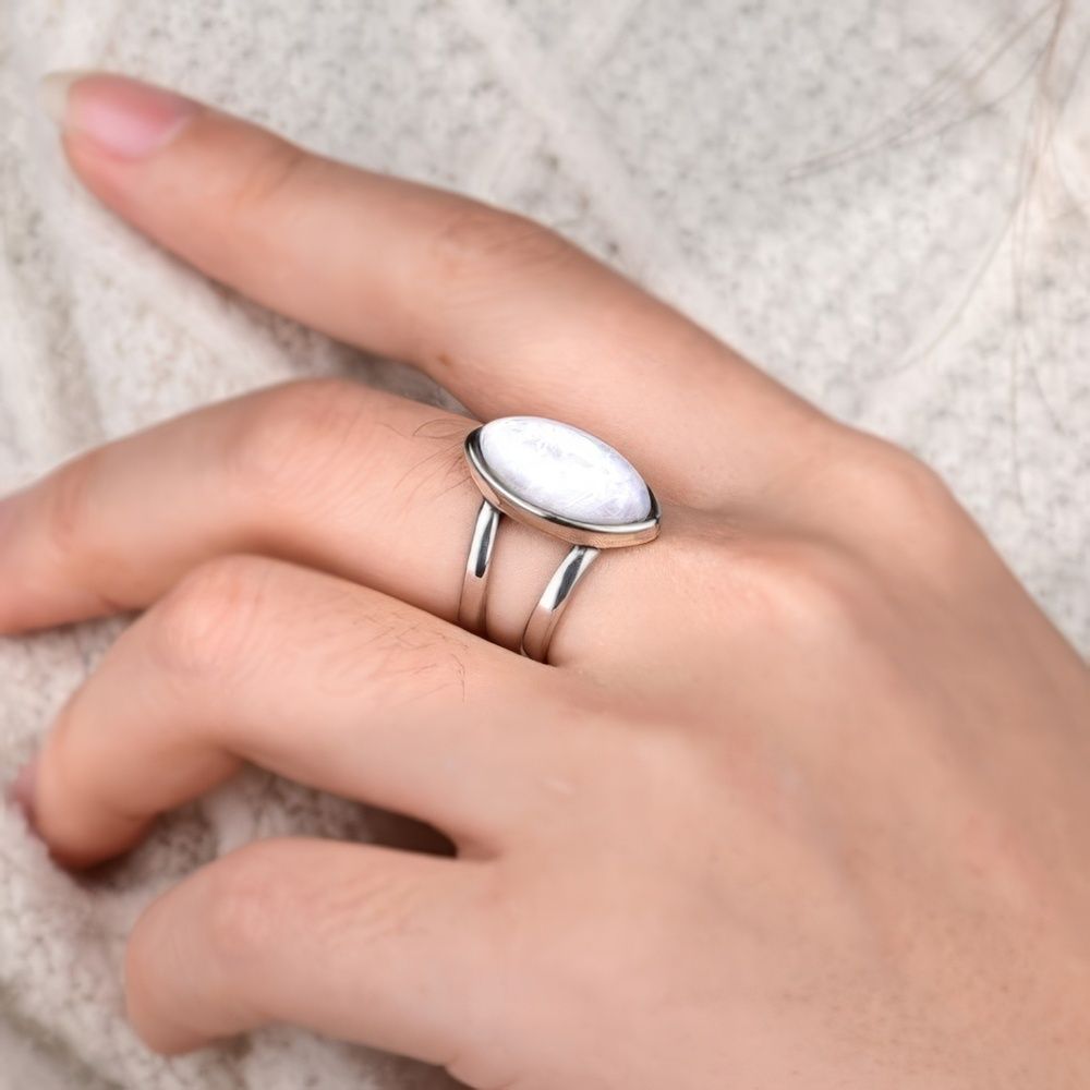 Elegant Oval Moonstone Ring with Natural Bohemian Silver Band