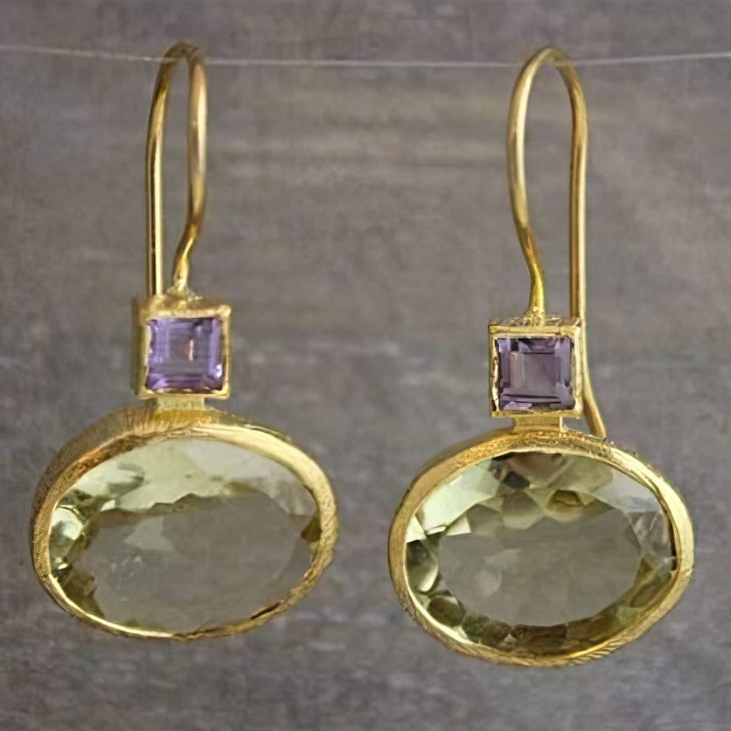 Gold Framed Pink Oval Earrings with Clear Square Accents