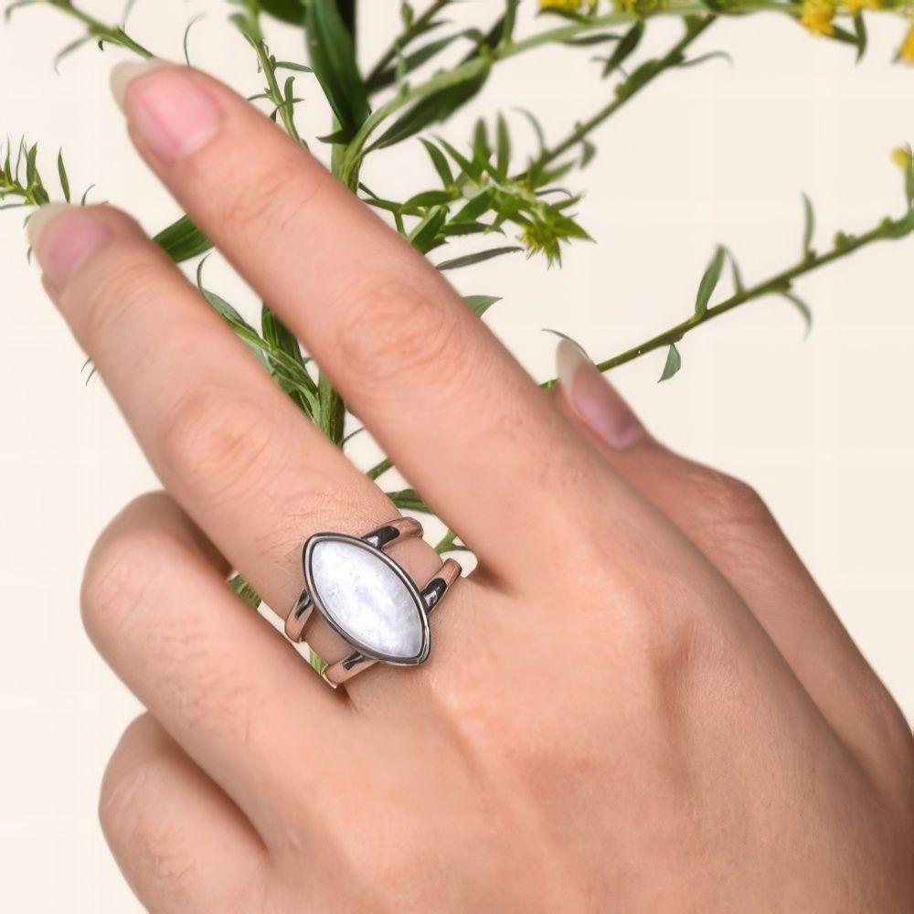 Elegant Oval Moonstone Ring with Natural Bohemian Silver Band