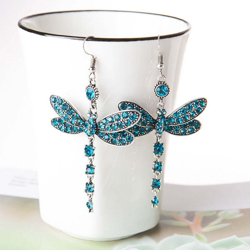Bohemian Blue Crystal Dragonfly Earrings with Nature Inspired Design