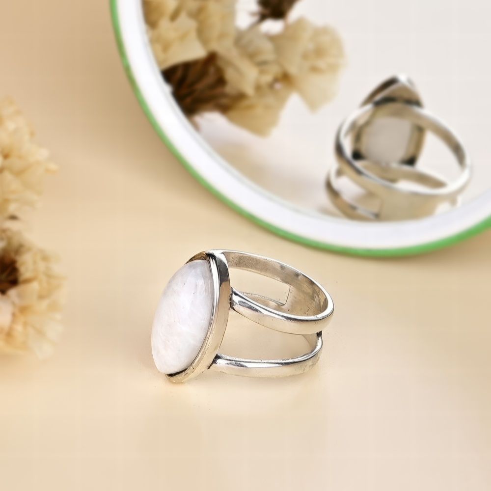 Elegant Oval Moonstone Ring with Natural Bohemian Silver Band