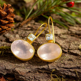 Gold Framed Pink Oval Earrings with Clear Square Accents