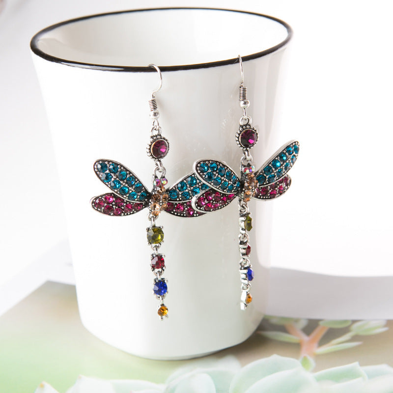 Bohemian Blue Crystal Dragonfly Earrings with Nature Inspired Design