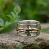Wide Nature-Inspired Band with Golden Lines and Silver Accents