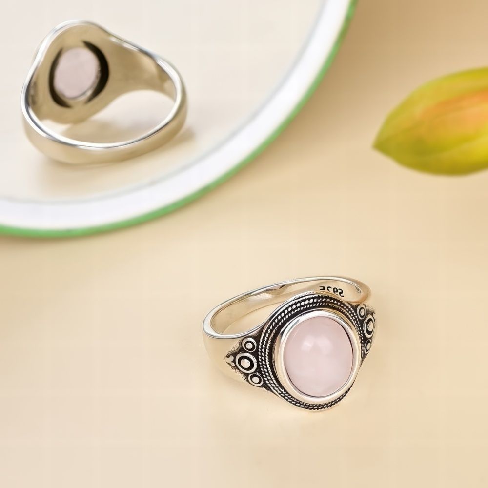 Vintage Rose Quartz Ring with Bohemian Nature Inspired Design