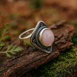Bohemian Geometric Rose Quartz Ring with Vintage Silver Detail