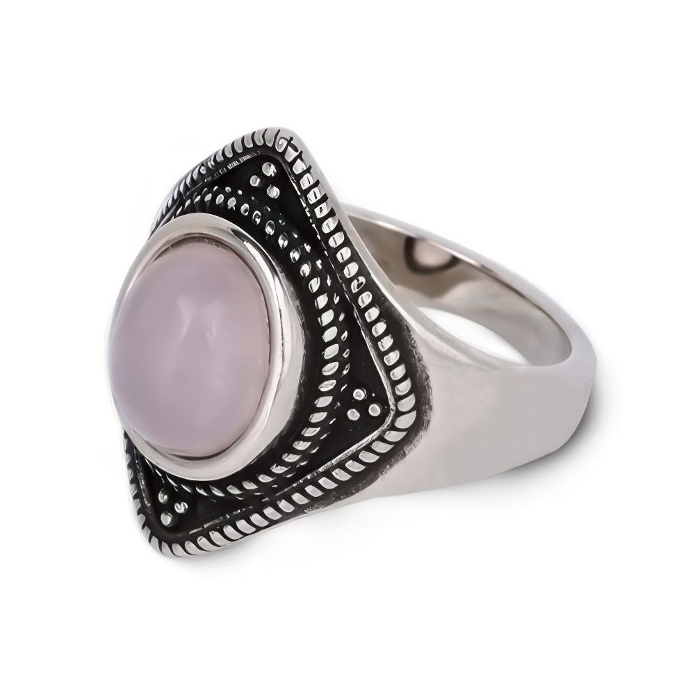 Bohemian Geometric Rose Quartz Ring with Vintage Silver Detail