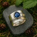 Wide Nature-Inspired Ring with Blue Gem and Golden Accents