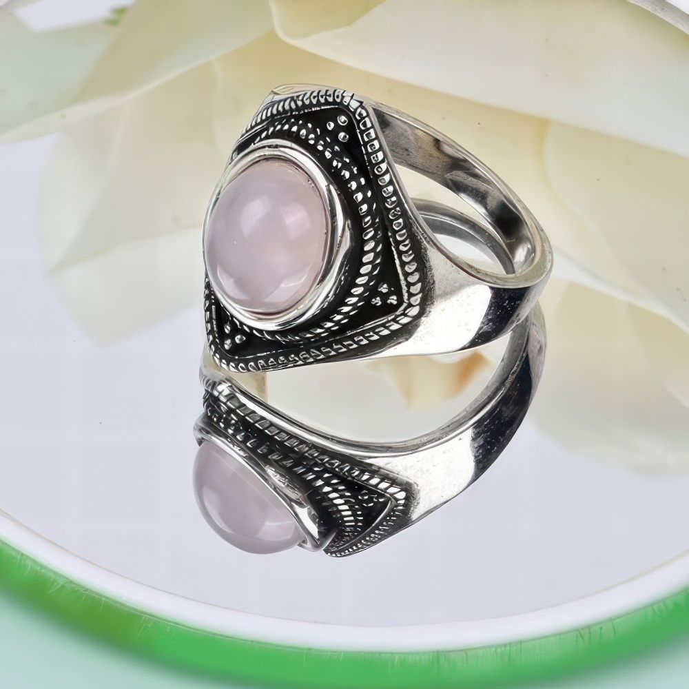 Bohemian Geometric Rose Quartz Ring with Vintage Silver Detail