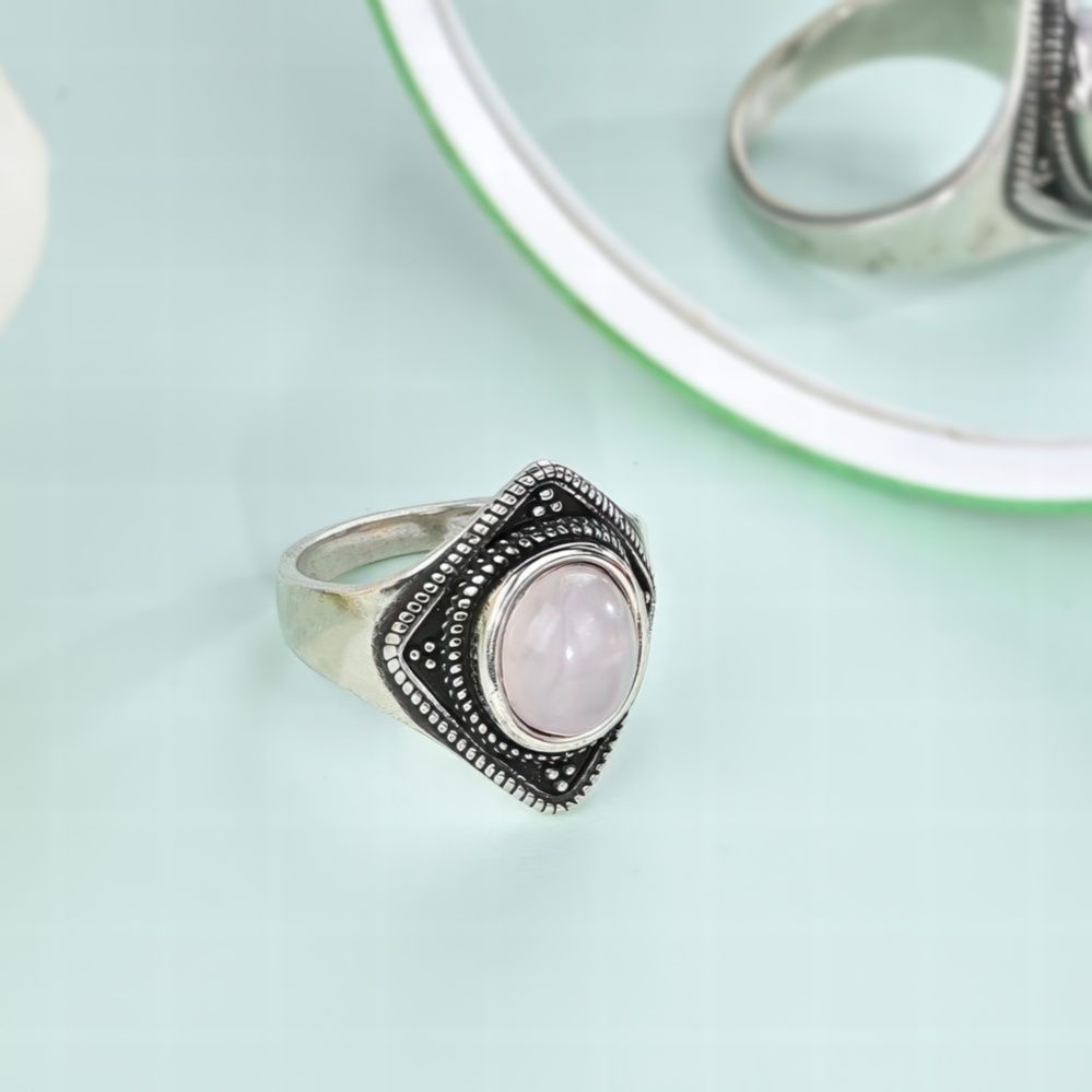 Bohemian Geometric Rose Quartz Ring with Vintage Silver Detail