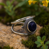 Bohemian Night Sky Gemstone Ring with Intricate Silver Design
