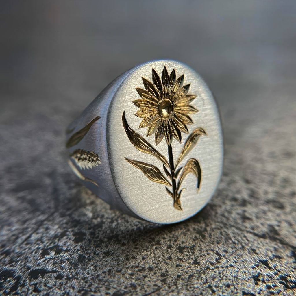 Vintage Sunflower Engraved Ring with Golden Nature Inspired Design