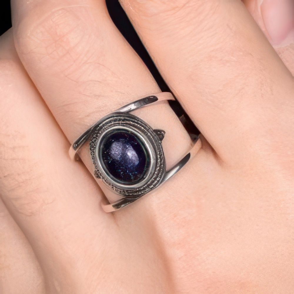 Bohemian Night Sky Gemstone Ring with Intricate Silver Design