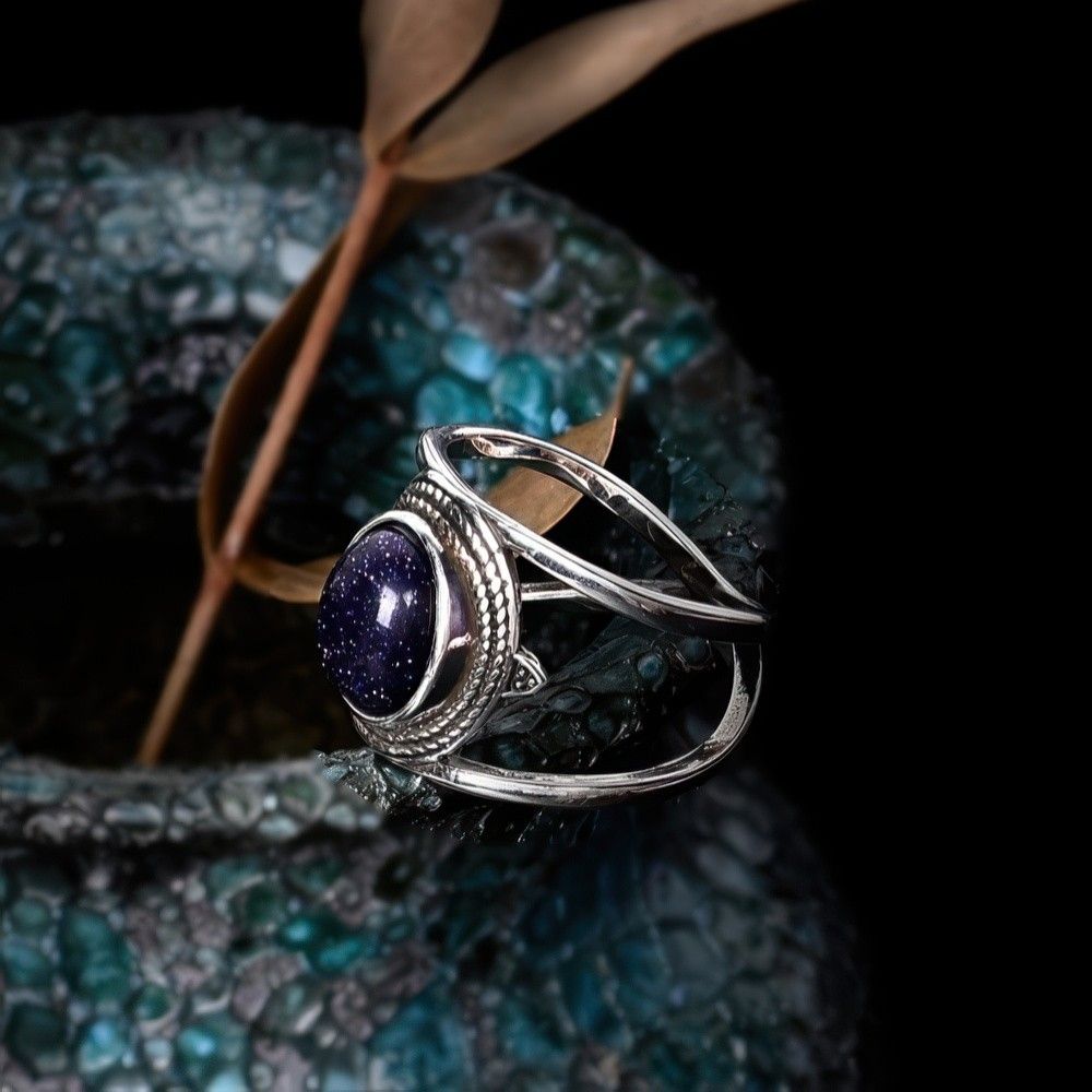 Bohemian Night Sky Gemstone Ring with Intricate Silver Design