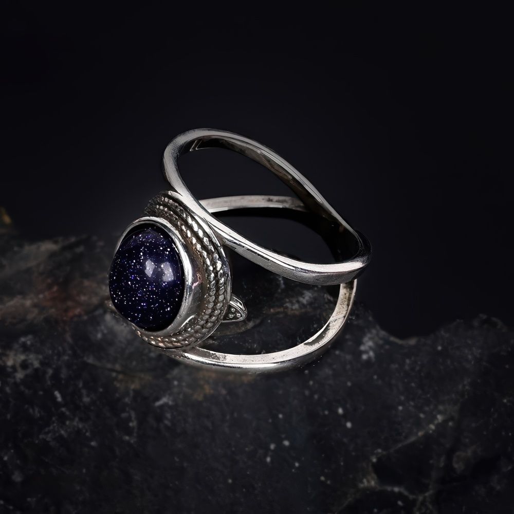 Bohemian Night Sky Gemstone Ring with Intricate Silver Design