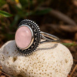 Bohemian Rose Quartz Ring with Vintage Silver Beaded Frame