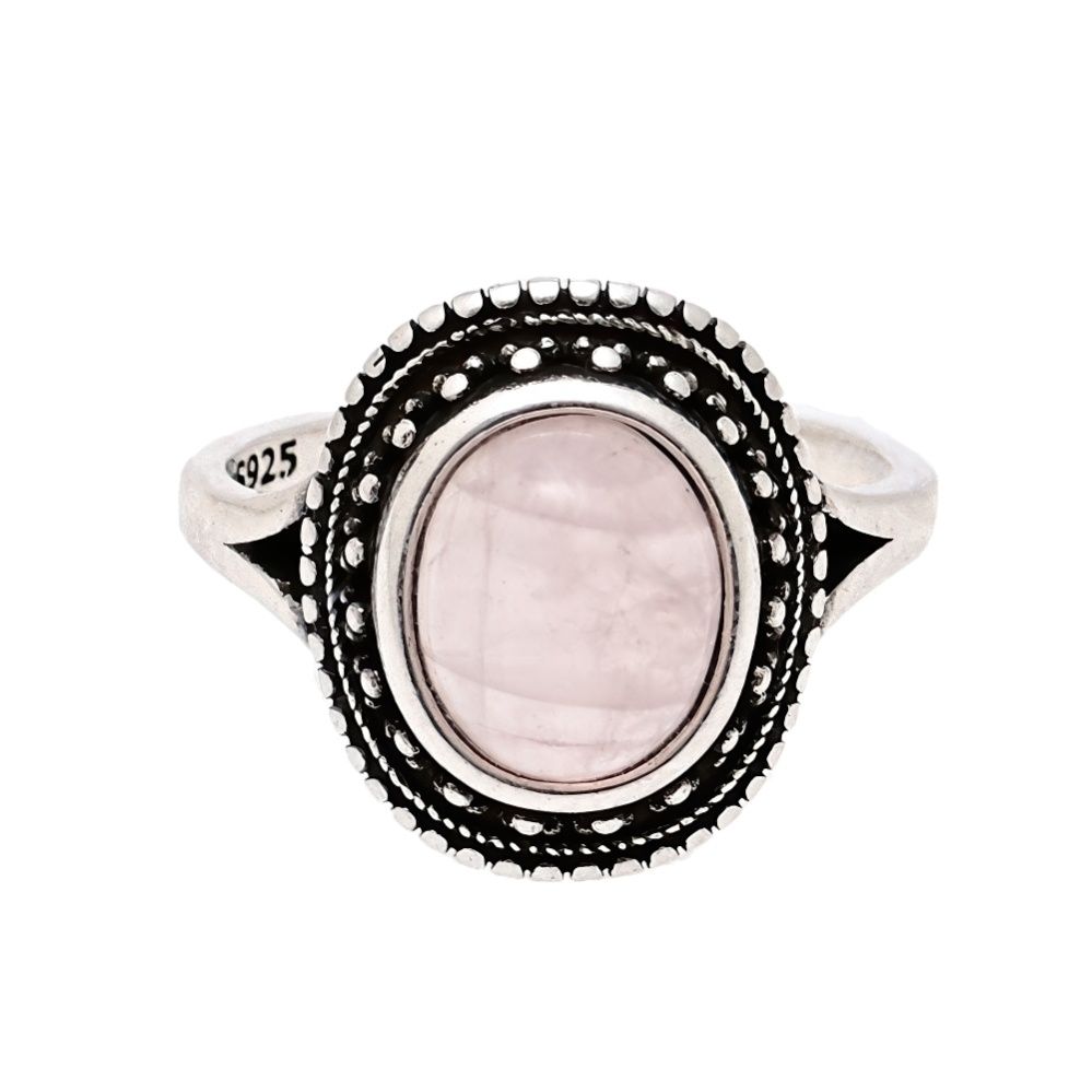 Bohemian Rose Quartz Ring with Vintage Silver Beaded Frame