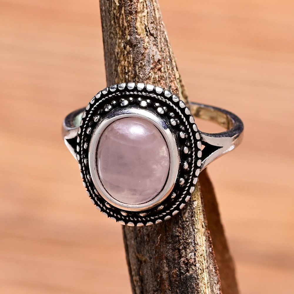 Bohemian Rose Quartz Ring with Vintage Silver Beaded Frame
