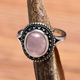 Bohemian Rose Quartz Ring with Vintage Silver Beaded Frame