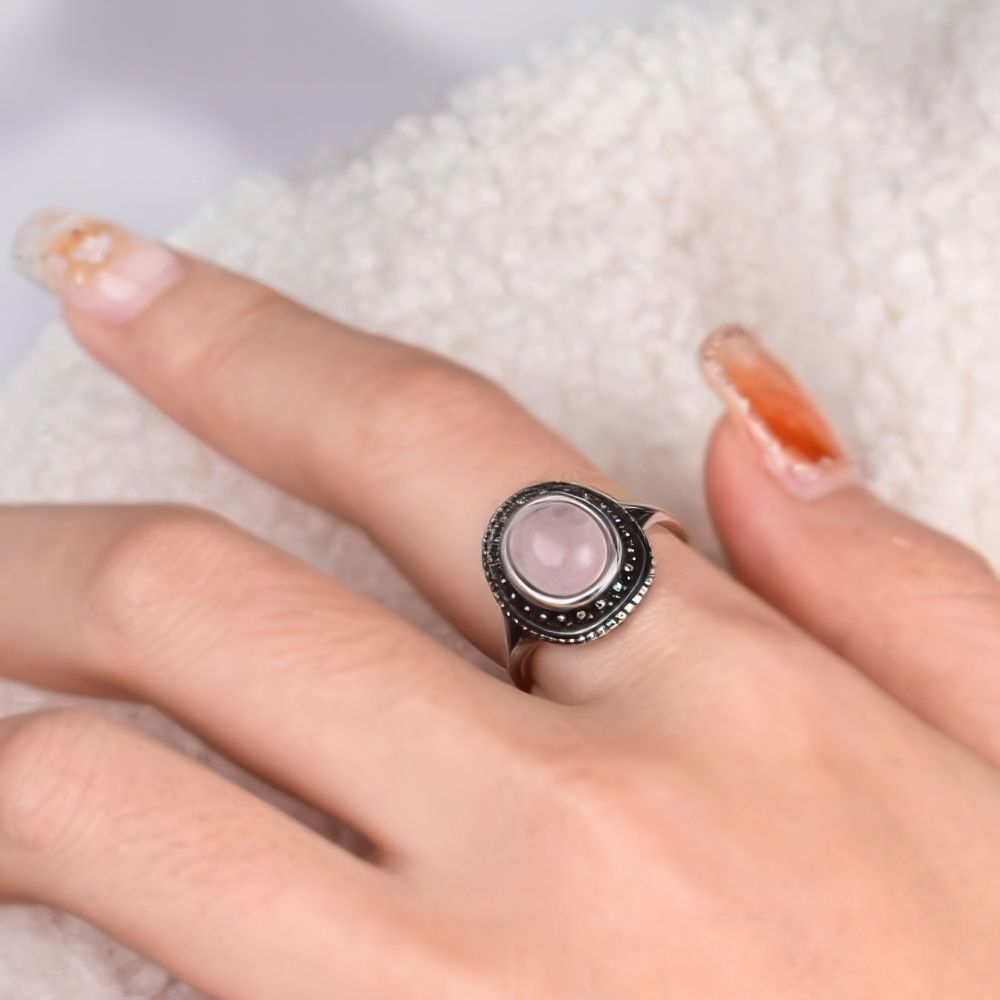 Bohemian Rose Quartz Ring with Vintage Silver Beaded Frame