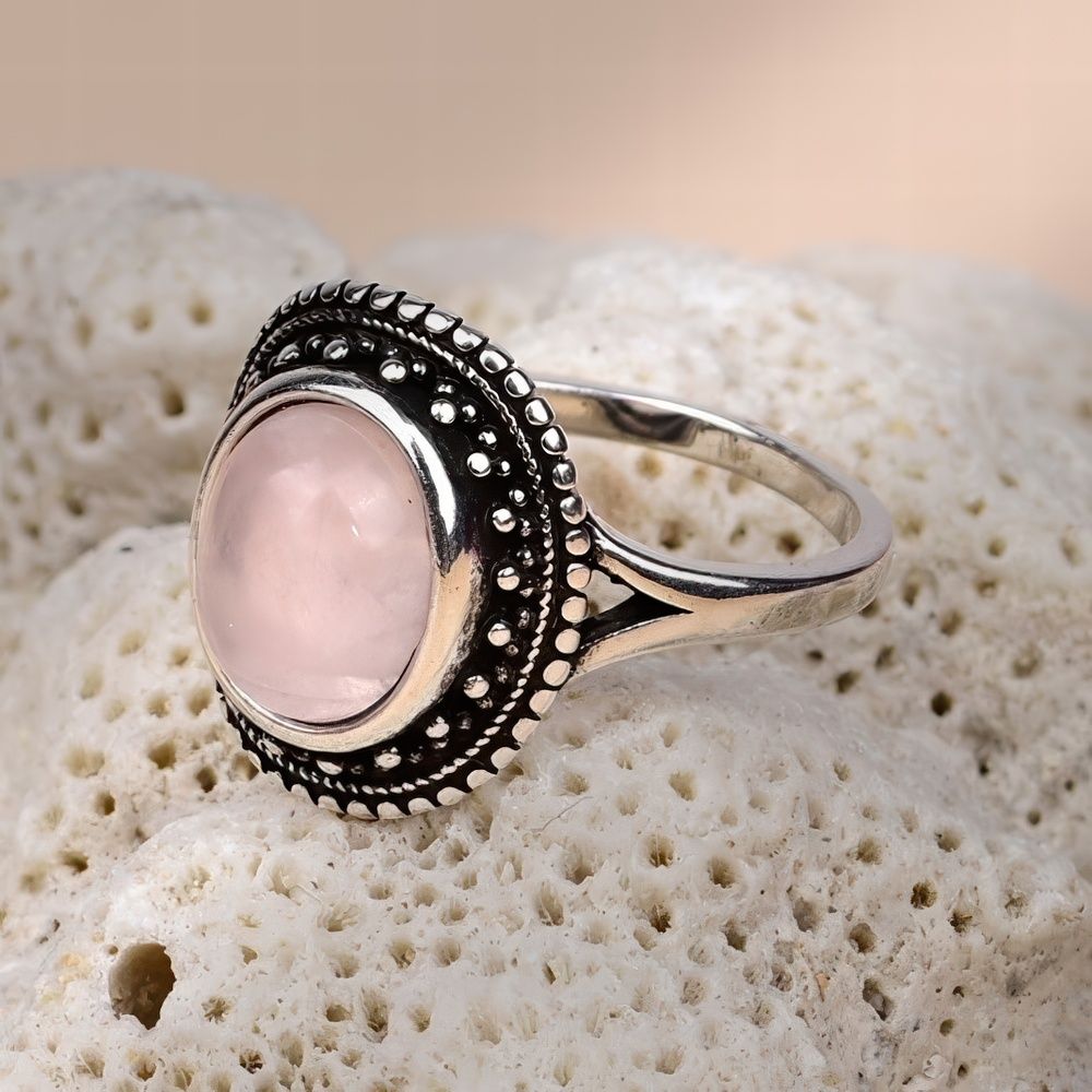 Bohemian Rose Quartz Ring with Vintage Silver Beaded Frame